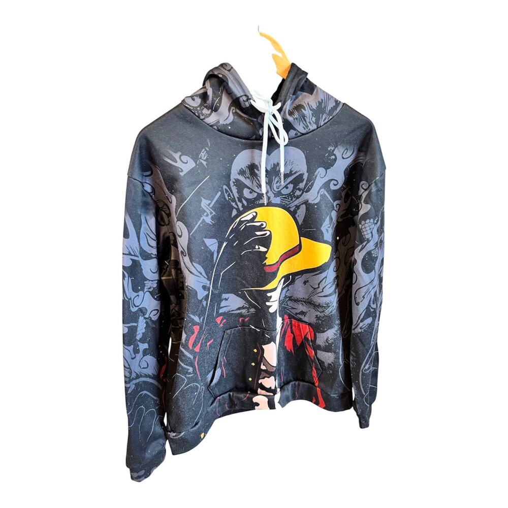 Graphic Anime Ninja Pullover Hoodie Sweatshirt Black Yellow Red Print Size XL